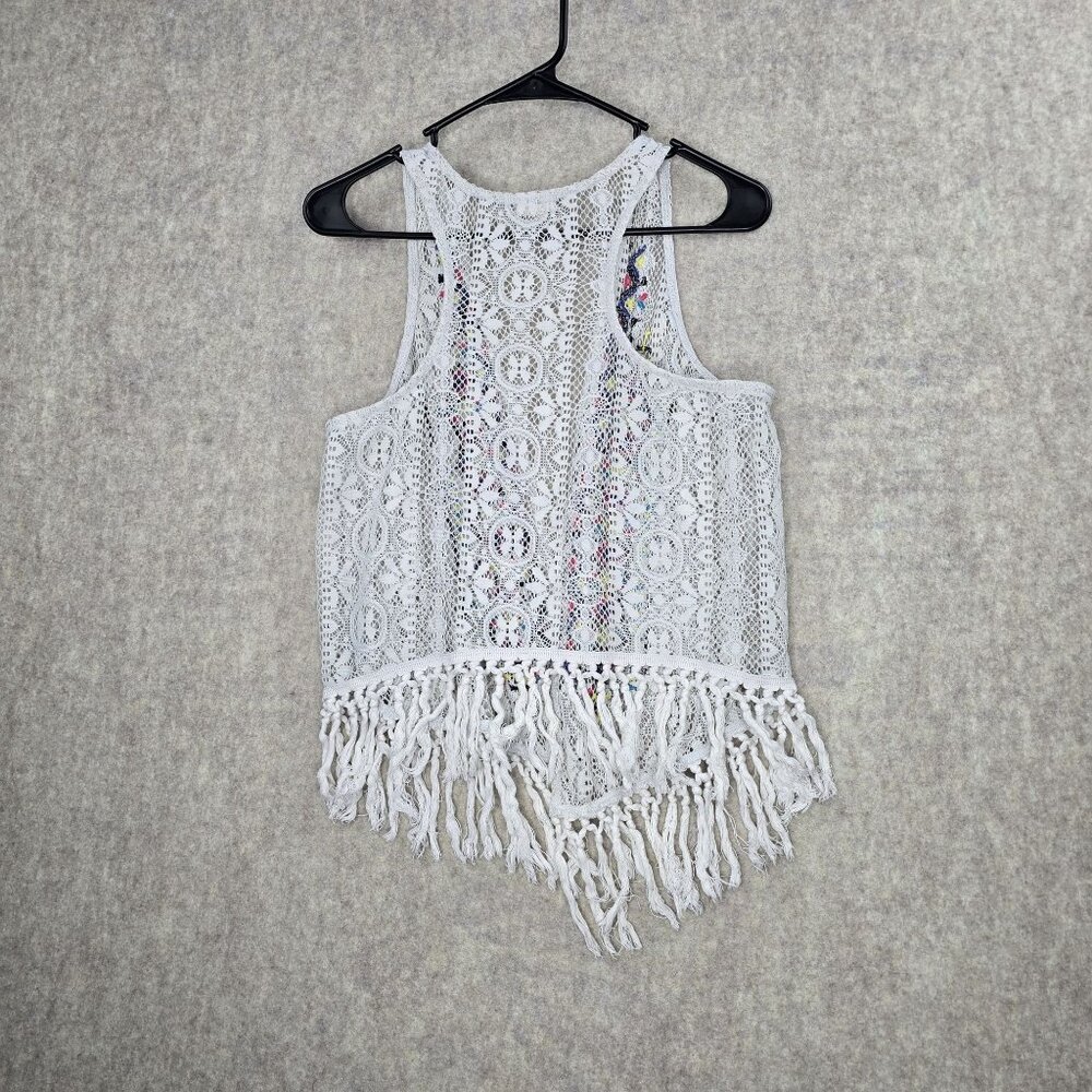 Angels Dmc Womens Lace Fringe White Crochet Vest Multicolor Embroidered Small - Picture 2 of 6